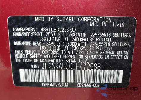 2020 Subaru Forester Limited from USA, damaged, VIN JF2SKAUC0LH472588
